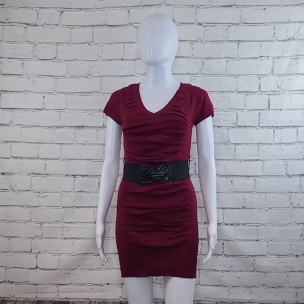 Body Central V-Neck Soft Acrylic Knit Fitted Ruched Belted Mini Sweater Burgundy